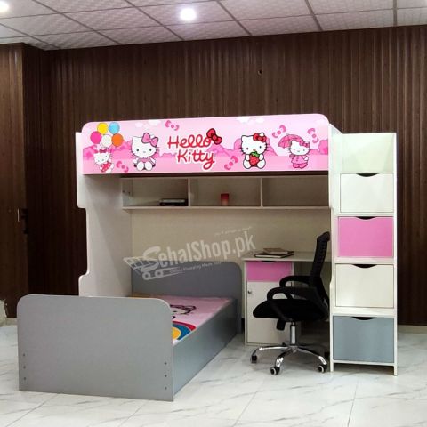 Girls Favourite Hello Kitty Bunk Bed With Attach Study Table
