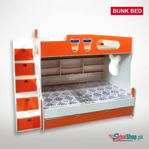 Orange Kids Bunk Bed/Triple Bed With Stairs