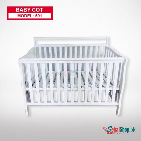 White Wooden Baby Crib With Wheels With Safety Bars
