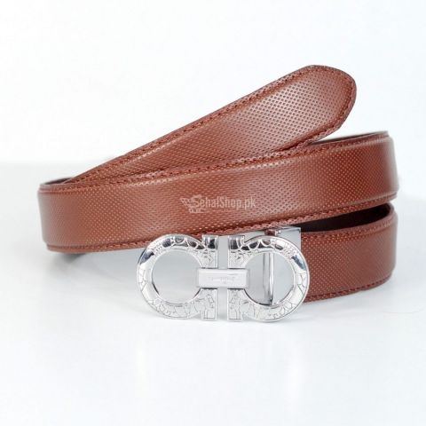Brown Dot Style Leather Belt With Silver Buckle