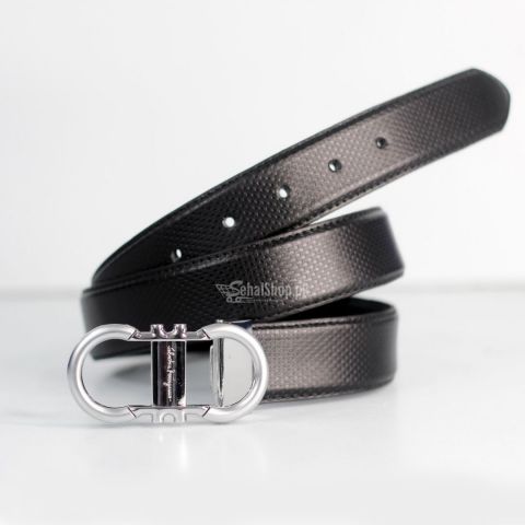 Leather Pure Black Self Dot With Silver Buckle 