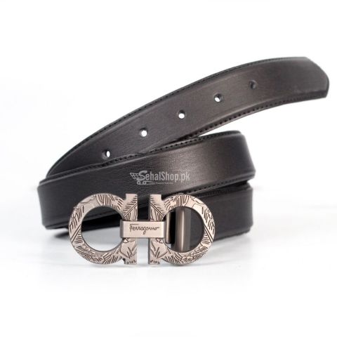 Leather Pure Black Plane Belt With Silver Buckle 