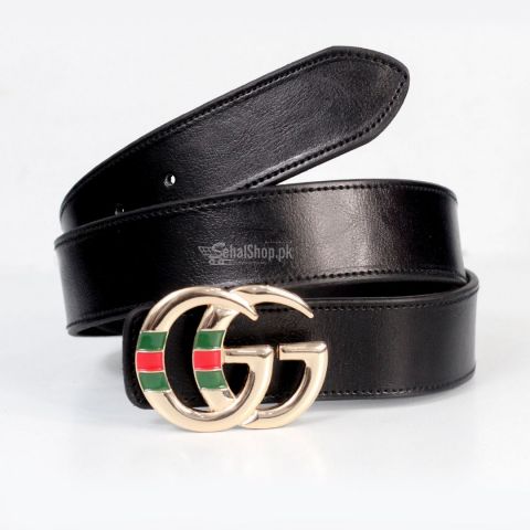Plain Black Leather Belt With Golden Buckle