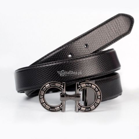 Leather Pure Black Plane Belt With Black Buckle 