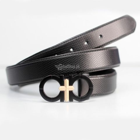 Black Plain Leather Belt With Black And Golden Buckle