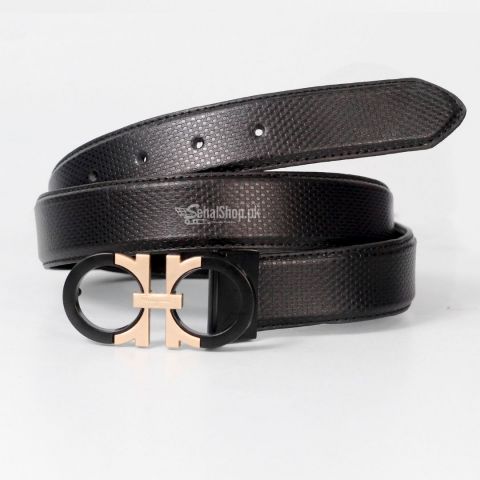 Plain Black Leather Belt With Black And Golden Buckle