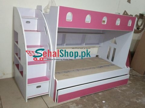 White And Pink Bunk Bed For Kids
