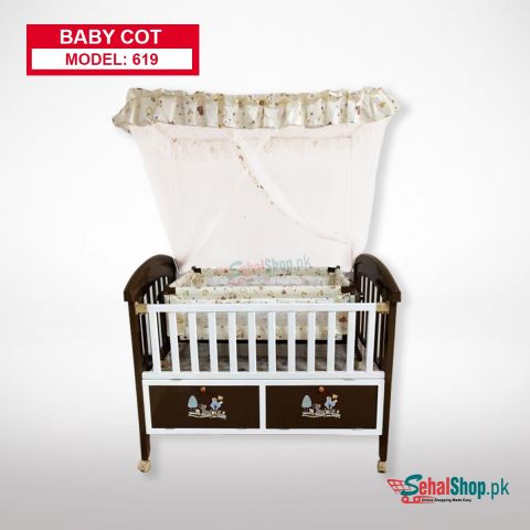 Brown And White Double Baby Cot With Moving Wheels