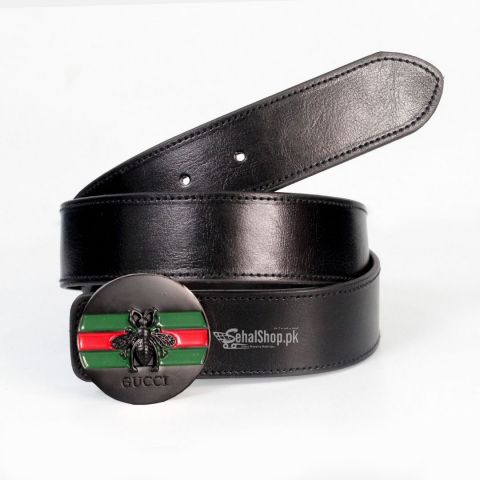 Plain Black Leather Belt With Black Round Shape Buckle